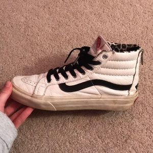 White Leather High Top Vans Cheetah Zipper back